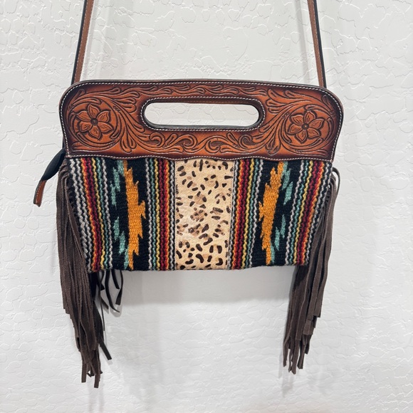 Rafter T Ranch Co. Handbags - Rafter T Ranch Co Tooled Leather Should Bag Purse Southwestern Aztec Fringed